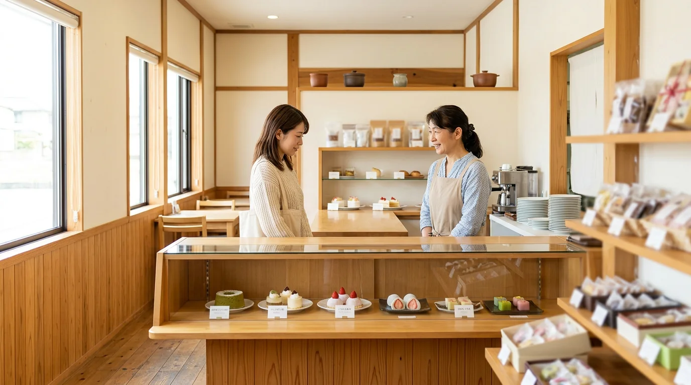 ショーケースと木の床が見える菓子店の店内