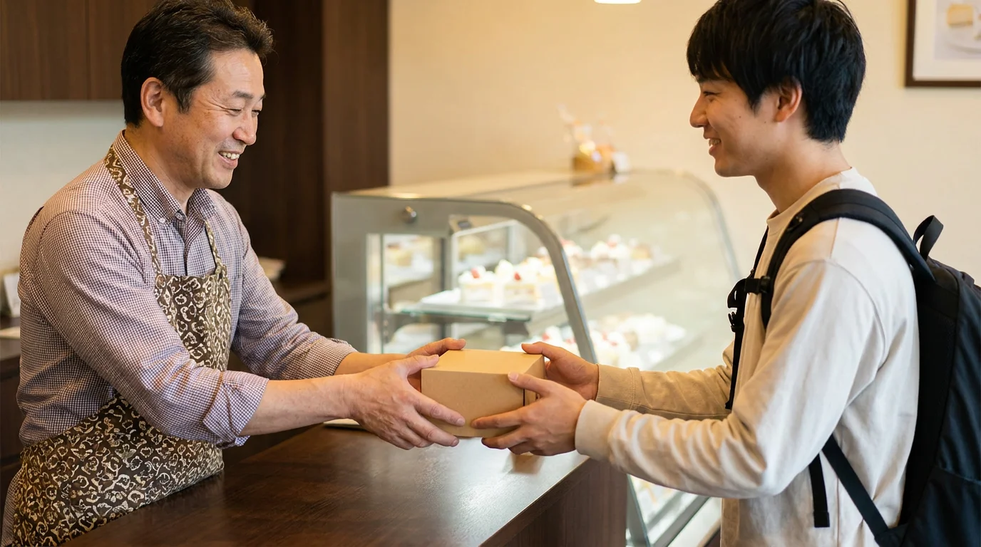 菓子店のカウンターで商品を渡す手元